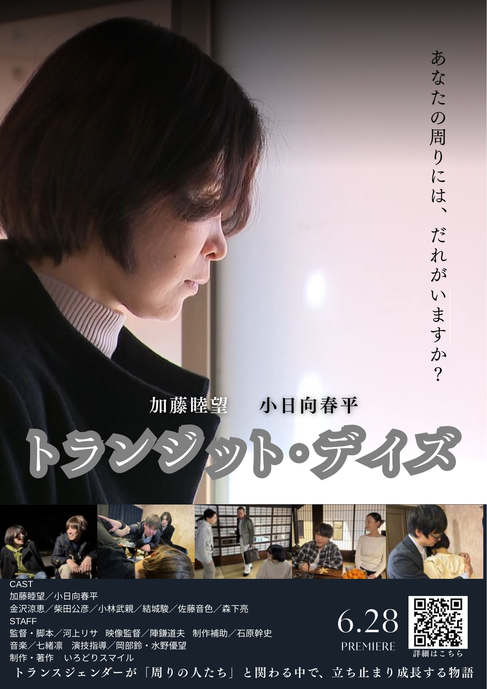 短編映画のチラシ タイトル「トランジット・デイズ」あなたの周りにはだれがいますか? CAST 加藤睦望/小日向春平 金沢涼恵/柴田公彦/小林武親/結城駿/佐慈音色/森下亮 STAFF 監督・脚本/河上リサ 映像監督/陣謙道夫 制作補助/石原幹史 音楽/七緒凛 演技指導/岡部鈴,水野優望 制作・著作 いろどりスマイル トランスジェンダーが「周りの人たち」と関わる中で、立ち止まり成長する物語。